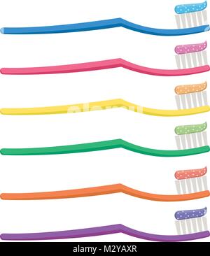 Set di vettore di coloratissimi spazzolini da denti isolati su sfondo bianco. Spazzolino da denti con dentifricio. Igiene dentale Cura simbolo. Spazzolino da denti in plastica per clea Illustrazione Vettoriale