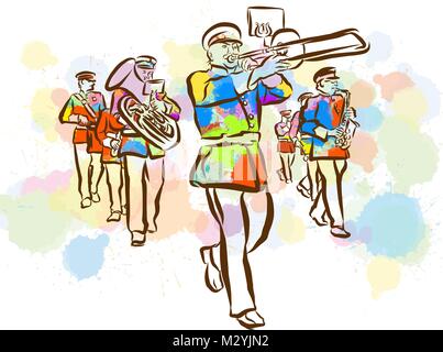 Colorato Marching Band Sketch. Disegnata a mano illustrazione vettoriale, di spruzzi di colore isolato su sfondo bianco. Comunicazione creativa del concetto. Illustrazione Vettoriale