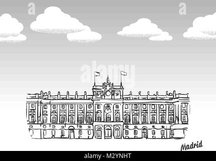 Madrid, Spagna famoso sketch. Lineart disegno a mano. Biglietto di auguri icona con titolo, illustrazione vettoriale Illustrazione Vettoriale