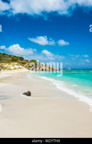 La sabbia bianca banca nelle acque turchesi del Tobago Cays, Saint Vincent e Grenadine, dei Caraibi Foto Stock