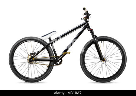 Oro nero slopestyle dirt jump bike bicicletta isolati su sfondo bianco Foto Stock