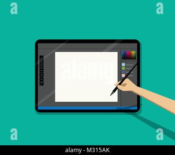 Il punto di vista, uomo disegno sulla tavoletta vuota dalla penna, vettore Illustrazione Vettoriale