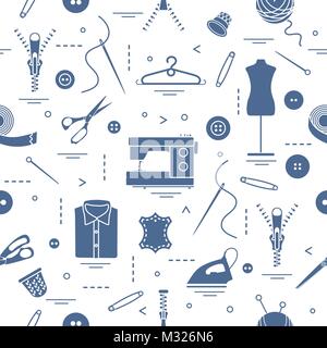 Modello senza soluzione di continuità con gli utensili e gli accessori per il cucito. Modello per la progettazione, tessuto, stampa. Illustrazione Vettoriale