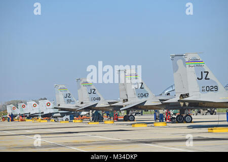 Stati Uniti Air Force F-15 aquile dalla Louisiana Air National Guard's 159Fighter Wing e bulgaro MiG-29s partecipanti in Thracian Eagle 2015, un accordo bilaterale in materia di esercitazione, sono allineati in corrispondenza di Graf Ignatievo Air Base, vicino a Plovdiv, Bulgaria, 20 aprile 2015. L'esercizio consente a Stati Uniti e la NATO per dimostrare il loro impegno comune per una società pacifica, stabile e sicuro l'Europa. (U.S. Air National Guard foto di Master Sgt. Toby M. Valadie, 159Public Affairs Office/rilasciato 150420-Z-VU198-016 dalla Louisiana National Guard Foto Stock