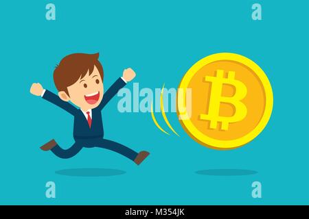 Imprenditore in esecuzione sono felice della bitcoin prezzi. Cryptocurrency concetto di mercato. Appartamento cartoon character design. Illustrazione Vettoriale