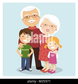 Felici i nonni con i nipoti su sfondo blu. Illustrazione Vettoriale Illustrazione Vettoriale