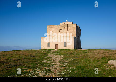 XVI Secolo antica torre difensiva Torre Guaceto lungo la costa della Puglia. Italia Foto Stock