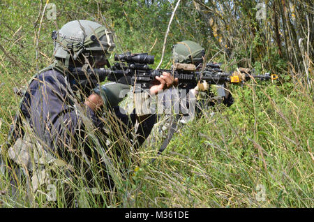 Stati Uniti I soldati del primo battaglione, 121 Reggimento di Fanteria, 48th vigili del Team di combattimento, Georgia Esercito nazionale di protezione, replica di combattenti ostili, il fuoco sulla rotazione unità di formazione durante la conduzione di un anticipo a contatto lane durante l'esercizio Allied Spirit II presso l'U.S. Dell'esercito multinazionale comune disponibilità centro in Hohenfels, Germania, Agosto 13, 2015. Allied Spirit II è una multinazionale decisa azione ambiente formazione esercizio che coinvolge oltre 3.500 soldati provenienti da entrambi gli Stati Uniti, alleati e nazioni partner focalizzata sulla creazione di partenariati e di interoperabilità tra tutti i partecipanti nati Foto Stock