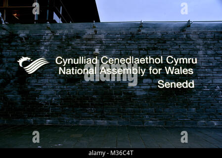 Notte foto del Senedd l'Assemblea nazionale del Galles e il Pier Head Building, la Baia di Cardiff, Galles del Sud Foto Stock
