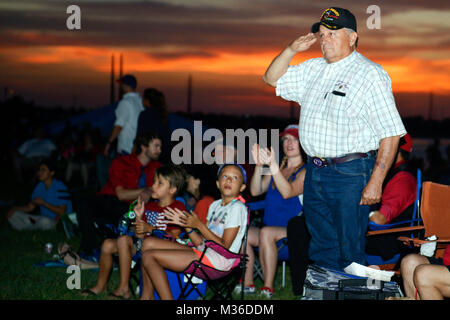 Un cittadino del Texas dà una mano salutare durante la riproduzione delle Forze Armate canzone riprodotta dal Texas Army National Guard per la trentaseiesima Divisione di Fanteria "Brass Band' durante la Pfirecracker Pfestival luglio 4th, 2016, Pflugerville, Texas.Il Camp Mabry band ha cantato varie canzoni patriottiche per la comunità locale. (U.S. Esercito nazionale Guard foto: Sgt. Elizabeth Pena/RILASCIATO) 160704-Z-EP075-033 da Texas Dipartimento Militare Foto Stock