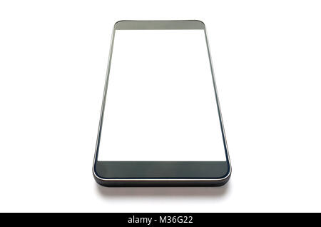Telefono cellulare vista prospettica con schermo vuoto isolato su bianco Foto Stock