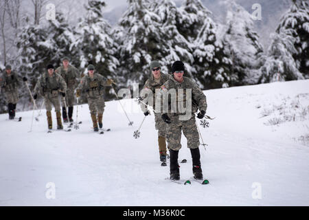 Stati Uniti I soldati assegnati alla società alfa, 3° Battaglione, 172nd Reggimento di Fanteria, 86a brigata di fanteria combattere Team (montagna), Vermont Guardia Nazionale e Charlie Company, 1° Battaglione, 157Reggimento di Fanteria, 86a brigata di fanteria combattere Team (montagna), Colorado National Guard, sci a Camp Ethan Allen Sito di formazione, Gerico, Vt., 25 gennaio 2017. Soldati da entrambi il Vermont e Colorado National Guard ha partecipato a una sollecitazione-shoot formazione, che ha incorporato le squadre sci, riprese e comunicanti tra loro in terreno montuoso. (U.S. Air National Guard foto di Tech. Sgt. Sarah m Foto Stock