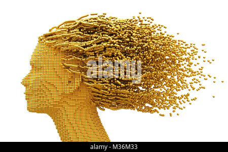 Oro testa di donna e 3D sfere come capelli su sfondo bianco Foto Stock
