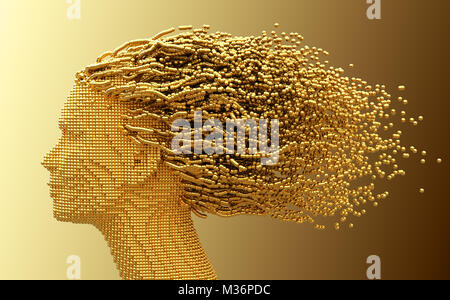 Oro testa di donna e 3D sfere come capelli su sfondo giallo Foto Stock