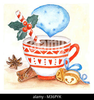 Cup con bevanda calda . Natale illustrazione ad acquerello . Foto Stock