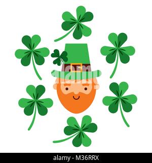 Barbuto leprechaun faccia con trifogli di verde che rientrano Illustrazione Vettoriale