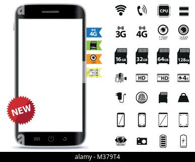 Telefono cellulare e set di icone illustrazione vettoriale Illustrazione Vettoriale