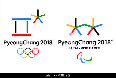 Kiev, Ucraina - 18 Settembre 2017: Loghi ufficiali del 2018 dei Giochi Olimpici Invernali di PyeongChang, Repubblica di Corea, dal 9 febbraio al 25 febbraio, Foto Stock