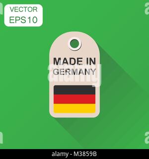 Hang tag realizzata in Germania con icona bandiera. Il concetto di Business fabbricati in Germania. Illustrazione Vettoriale su sfondo verde con lunga ombra. Illustrazione Vettoriale