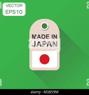 Hang tag made in Japan con icona bandiera. Il concetto di Business fabbricate in Giappone. Illustrazione Vettoriale su sfondo verde con lunga ombra. Illustrazione Vettoriale