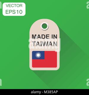 Hang tag made in Taiwan con icona bandiera. Il concetto di Business fabbricate a Taiwan. Illustrazione Vettoriale su sfondo verde con lunga ombra. Illustrazione Vettoriale