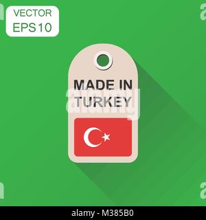 Hang tag realizzati in Turchia con icona bandiera. Il concetto di Business fabbricati in Turchia. Illustrazione Vettoriale su sfondo verde con lunga ombra. Illustrazione Vettoriale