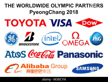 Kiev, Ucraina - 30 Settembre 2017: In tutto il mondo Partner Olymic loghi del 2018 dei Giochi Olimpici Invernali di PyeongChang, Repubblica di Corea, da Febru Foto Stock