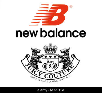 Kiev, Ucraina - 27 Ottobre 2017: collezione di abbigliamento sportivo popolare produce logo stampato su carta: nuovo equilibrio e Juicy Couture Foto Stock