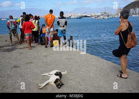 Guardare la gente lo scarico di Fisher barche in Mindelo, Sao Vincente, Capo Verde Foto Stock