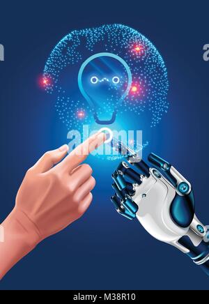 Mano umana tocca mano di robot. Illustrazione sulle moderne innovazione nell'industria. Automazione globale, ia in azienda. Amicizia di intellige artificiale Illustrazione Vettoriale