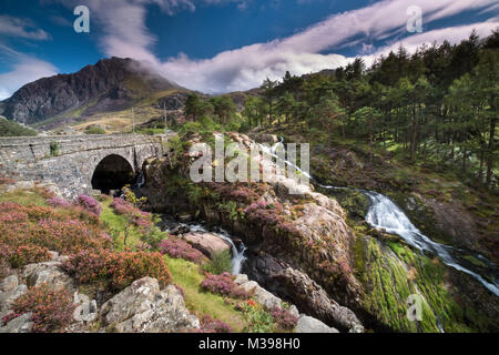 Ogwen cade e Tryfan in estate, Snowdonia National Park, North Wales, Regno Unito Foto Stock