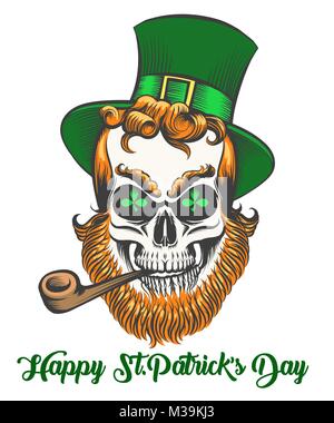 St.Patrick cranio con tubo di fumo e shamrock foglie in eye socket. Illustrazione Vettoriale. Illustrazione Vettoriale