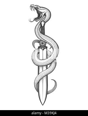 Il serpente e la spada sguainata in mano in stile tatuaggio. Illustrazione Vettoriale. Illustrazione Vettoriale