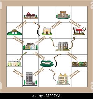 Livello diverso alloggiamento racchiuso entro i serpenti e scale gioco di bordo che indica le perdite e guadagni nel mercato immobiliare. Illustrazione Vettoriale