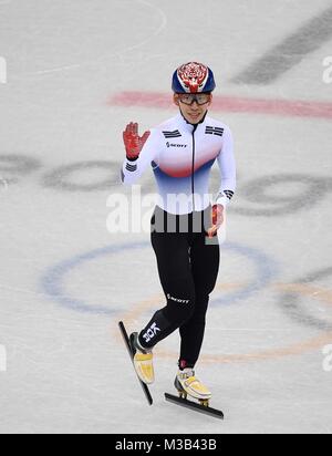 Gangneung, Repubblica di Corea. 10 Febbraio, 2018. Hyojun Lim (KOR) celebra vincendo la finale. Short track. Gangneung ice arena. Pyeongchang2018 Olimpiadi invernali. Gangneung. Repubblica di Corea. 10/02/2018. Credito: Sport In immagini/Alamy Live News Foto Stock