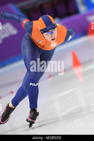 Pyeongchang, Corea del Sud. 10 Febbraio, 2018. Antoinette de Jong del Paesi Bassi compete durante le signore del pattinaggio di velocità 3000m evento a Gangneung ovale ai PyeongChang 2018 Giochi Olimpici, Corea del Sud, nel febbraio 10, 2018. Credito: Wang Haofei/Xinhua/Alamy Live News Foto Stock