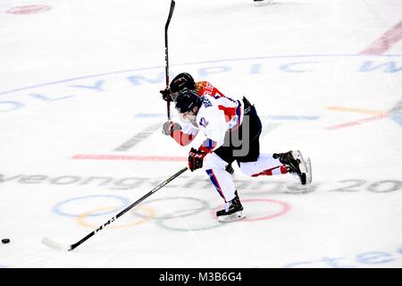 Pyeongchang, Corea del Sud. 10 Febbraio, 2018. Heewon Kim (anteriore) del team unificato della Repubblica Popolare Democratica di Corea (DPRK) e Corea del Sud il sistema VIES per il puck durante il loro confronto preliminare di donne a hockey su ghiaccio contro la Svizzera a Pyeongchang 2018 Giochi Olimpici Invernali a Kwandong Hockey Center in Gangneung, Corea del Sud, nel febbraio 10, 2018. Credito: Wang Song/Xinhua/Alamy Live News Foto Stock