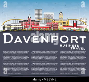 Davenport Iowa Skyline con edifici di colore, il blu del cielo e spazio di copia. Illustrazione Vettoriale. Viaggi di affari e turismo illustrazione Illustrazione Vettoriale