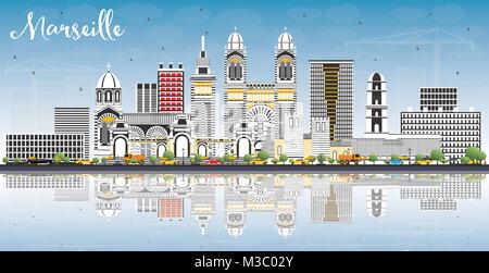 Marsiglia Francia dello skyline della città con edifici grigi, cielo blu e riflessi. Illustrazione Vettoriale. Viaggi di affari e turismo Concept. Illustrazione Vettoriale