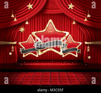Red sipario di un palcoscenico con tre stelle, sedi e copia di spazio. Illustrazione Vettoriale. Teatro, Opera o il Cinema scena. Luce su un pavimento. Illustrazione Vettoriale