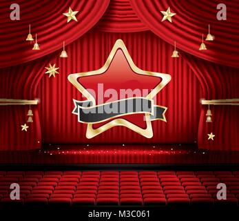 Red sipario di un palcoscenico con Star, sedi e copia di spazio. Illustrazione Vettoriale. Teatro, Opera o il Cinema scena. Luce su un pavimento. Illustrazione Vettoriale