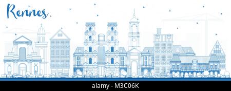 Delineare Rennes Francia dello skyline della città con edifici di colore blu. Illustrazione Vettoriale. Viaggi di affari e di turismo con il concetto di architettura storica. Illustrazione Vettoriale