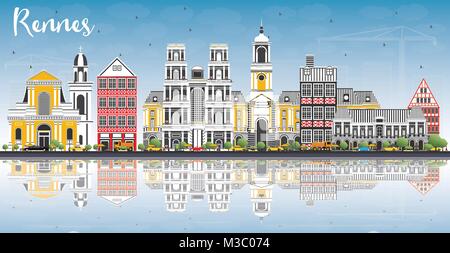 Rennes Francia dello skyline della città con edifici di colore, cielo blu e riflessi. Illustrazione Vettoriale. Illustrazione Vettoriale