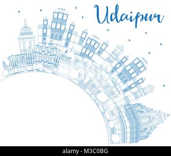 Delineare Udaipur India skyline della città con edifici blu e copia di spazio. Illustrazione Vettoriale. Illustrazione Vettoriale