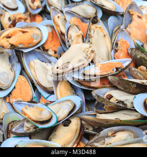 Un sacco di fresco cozze di grandi dimensioni si trovano in previsione della cottura alla griglia Foto Stock