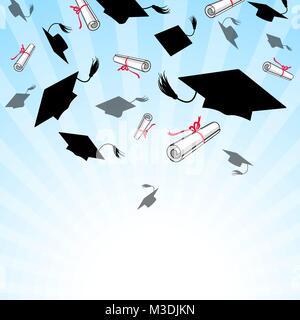 Tappi di graduazione buttare nel cielo blu Illustrazione Vettoriale