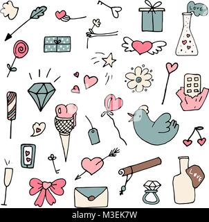 Set di icone di San Valentino in stile scarabocchio. Mano elementi disegnati per carte di nozze, design romantico ecc. Illustrazione Vettoriale