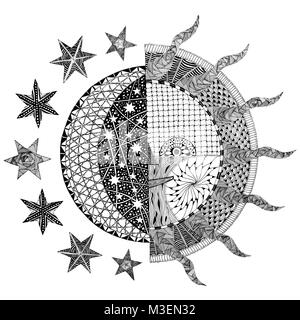 Luna e Sole Zentangle / Doodle Design Foto Stock