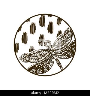 Dragonfly disegnati a mano silhouette piastra rotonda design. Illustrazione Vettoriale