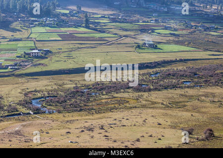 Phobjikha, Bhutan. Le aziende agricole in valle Phobjikha. Foto Stock